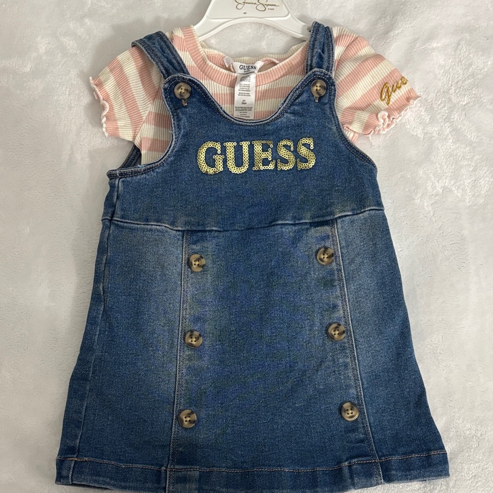 Guess Blue Denim Dress with Pink Striped Top